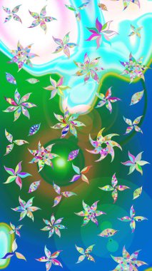 Raster illüstrasyonundaki çiçek desenli çizim. Suluboya tarzında mavi ve yeşil renkte çiçekler.