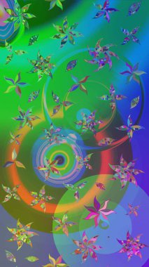 Sevimli çiçek raster deseni. Yeşil ve mavi renkte çiçekler. Renkli Bahar Teması eskiz kalıbı. Düz Çiçek Elementleri Tasarımı.