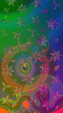 Raster düz çiçek çizim deseni. Hediye ambalaj kağıdı, tebrik kartları, posterler ve pankart tasarımı. Yeşil ve mavi renkte çiçekler.