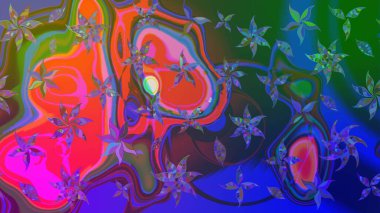 Şirin çiçekli eskiz deseni ve mavi ve yeşil renkli yapraklar, suluboya çiçek deseni, duvar kağıdı, kart ya da kumaş için fayanslı. Raster illüstrasyonu.