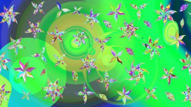 Raster illüstrasyonundaki çiçek desenli çizim. Yeşil ve mavi renkte çiçekler.