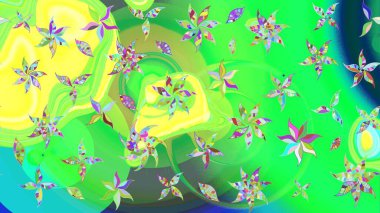 Çiçek desenli çizim. Raster illüstrasyonu. Asya tekstil tarzında. Yeşil ve sarı renkli çiçekler. Raster illüstrasyonu.