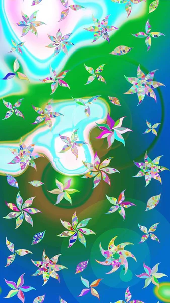 Yeşil ve mavi renkli etnik çiçekli zarif eskiz deseni. Raster Çiçek İllüstrasyon Şirin Tekstil.