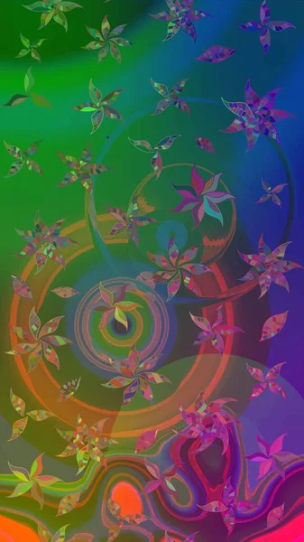 Raster düz çiçek çizim deseni. Hediye ambalaj kağıdı, tebrik kartları, posterler ve pankart tasarımı. Yeşil ve mavi renkte çiçekler.