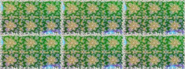 Çiçek kiremitleri. Kusursuz desenli oryantal süs. Raster altın tekstil baskısı. Yeşil ve nötr renklerde altın desenli altın elementler. İslam tasarımı.