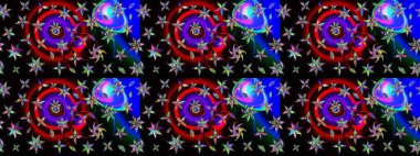 Siyah ve mavi kıvırcık çiçekler siyah ve mavi renklerde şekillenir. Raster illüstrasyonu. Klasik çiçek tasarım elementleri.