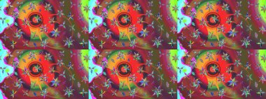 Renkli grunge, soyut arkaplanı kolonya ve kırmızı çiçeklerle süslüyor. Parmak izi, kumaş, duvar kâğıdı, tekstil için raster dokusu. Nakış desenli çiçek deseni..