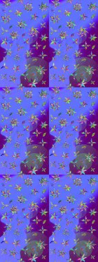 Mor ve mavi renkte çiçekler. Eskiz arkaplan modeli. Raster hisseleri. Suluboya, elle çizilmiş.