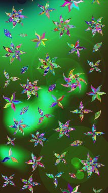 Raster illüstrasyonu. Çiçekli çiçek deseni, suluboya. Yeşil ve gri renkli çiçekler. Düz Çiçek Elementleri Tasarımı. Renkli Bahar Teması çizim şablonu.