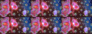 Parlak çiçekli kolaj çiçekleri kahverengi ve mavi. Çiçekli zambakların eskiz geçmişi. Çiçek tasarımı için inanılmaz kolaj cennet tarzı..