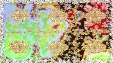 Raster illüstrasyonu. Kusursuz damaske klasik altın desen. Tarafsız renklerde altın rengi ve altın elementler üzerinde altın pürüzsüz desen. Tekrarlayan ögelerle soyut arkaplan Raster.