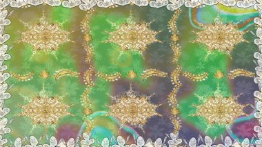 Seamless classic raster golden pattern. Raster illustration. Traditional orient ornament. Classic vintage background. Seamless pattern on green colors with golden elements.