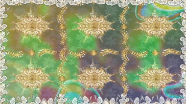 Tarafsız renklerde, altın elementlerle kusursuz desen. Hassas altın deseni açın. Parlak dantel, stilize çiçekler, şal desenli. Doğu tarzı arabesk. Kusursuz altın desenli bukleler. Raster..