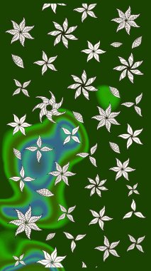 Yeşil ve nötr renklerde etnik çiçeklerle süslenmiş zarif bir eskiz. Raster Çiçek İllüstrasyonu güzel tekstil..