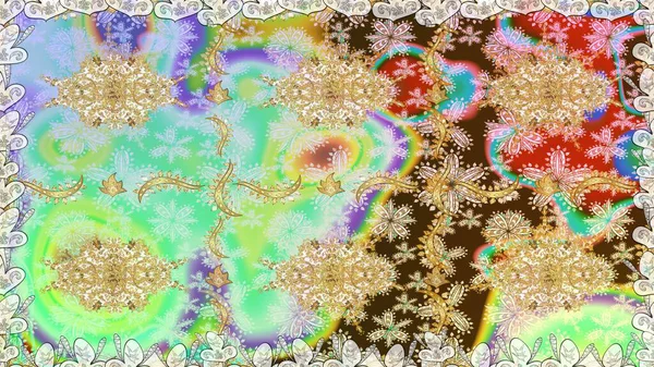 Tarafsız renklerde altın element. Damask arkaplanı. Altın çiçekli, pürüzsüz desen. Barok tarzında altın çiçekli süs..