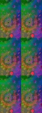 Çiçek desenli çizim. Raster illüstrasyonu. Asya tekstil tarzında. Yeşil ve mavi renkte çiçekler. Renkli Bahar Teması eskiz kalıbı. Düz Çiçek Elementleri Tasarımı.