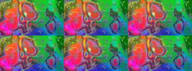 Raster illüstrasyonundaki çiçek desenli çizim. Yeşil ve mavi renkte çiçekler.