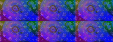 Çiçek desenli çizim. Raster illüstrasyonu. Asya tekstil tarzında. Mor ve mavi renkte çiçekler. Renkli Bahar Teması eskiz kalıbı. Düz Çiçek Elementleri Tasarımı.