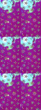 Raster Floral Illustration, Asyalı tekstil. Mor ve mavi renkte etnik çiçeklerle süslenmiş zarif bir eskiz..