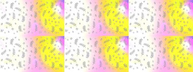 Eskiz arkaplan modeli. Yapraklı çiçekler ve tarafsız, sarı ve beyaz renklerde papatya çiçekleri. Raster - stok.