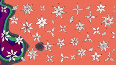 Raster illüstrasyonu. Suluboya çiçekli çiçek deseni. Turuncu ve nötr renklerde Asya tekstili.