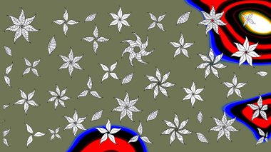 Raster çiçek desenli çiçek deseni, yapraklar, dekoratif elementler, sıçrama, lekeler, el çizimi kontur çizgileri ve Doodle çizim stili, grafik raster çizim çizimi.