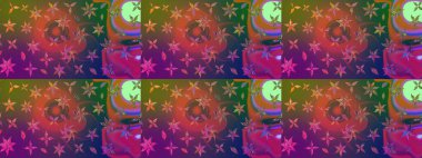 Çok renkli ve kahverengi zarif küçük çiçekler ve mor ve kahverengi renkli komik böcekler, raster desen, illüstrasyon.