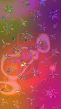 Patlayan çiçekler soyut olarak yerleştirilmiş. Raster deseni. Yumuşak, bahar çiçekleri mor ve pembe renklerde. Raster illüstrasyonu.