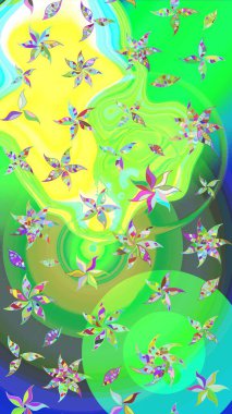 Yeşil ve sarı renkli etnik çiçekli zarif eskiz deseni. Raster Çiçek İllüstrasyonu güzel tekstil..