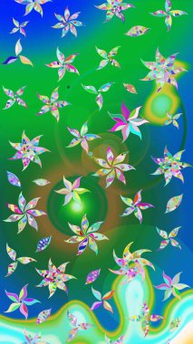 Suluboya çizim kalıbı. Çiçek izi. Suluboya tarzında yeşil ve mavi renkte çiçekler.