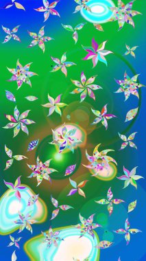 Motley illüstrasyonu. Küçük renkli çiçekler. Küçük çiçekte güzel bir desen. Moda baskıları için zarif bir şablon. Yeşil ve mavi çiçekli bahar çiçekleri.