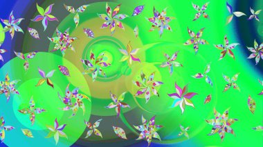 Patlayan çiçekler soyut olarak yerleştirilmiş. Raster deseni. Yumuşak, bahar çiçekleri yeşil ve mavi renklerde. Raster illüstrasyonu.
