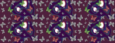 Kumaş, tekstil, baskı ve davetiye örnekleri. Doğadaki güzellik. Raster. Kahverengi arka planda uçan güzel kelebek. Çizim deseni.