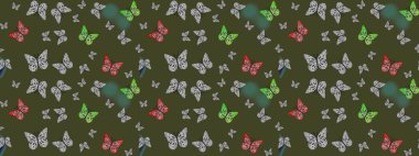 Tekstil, duvar kâğıtları, web sayfası arkaplanları ve yüzey dokuları için mükemmel. Raster illüstrasyonu. Yeşil renkli kelebeklerin eskiz arka planı.