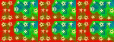 Basit bir kar tanesi. Yeşil, kırmızı ve kahverengi renklerde şirin kar taneleri. Kışın sembolü, mutlu noeller, mutlu yeni yıl kutlaması Raster illüstrasyonu. Soyut duvar kağıdı, ambalaj dekorasyonu.