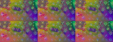 Raster Floral Illustration, Asyalı tekstil. Kahverengi ve yeşil renkli etnik çiçeklerle zarif bir eskiz deseni..