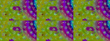 Çiçek desenli eskiz, darbeler, sıçramalar, yaz çiçekleri. Raster illüstrasyonu. Yeşil ve mor renkte çiçekler.