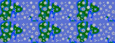 Mavi ve yeşil renklere karalamalar çizilmiş çiçek deseni. Raster illüstrasyonu.