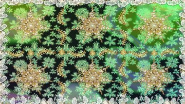 İslam tasarımı. Altın elementlerle yeşil renklerde altın desen. Kusursuz desenli oryantal süs. Raster altın tekstil baskısı. Çiçek karoları.