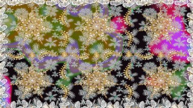 Damask altın soyut çiçek gri renklerde pürüzsüz desen. Süslü dekorasyon. Raster illüstrasyonu.