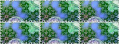 Çok yeşil zarif küçük çiçekler ve yeşil renkli komik böcekler, raster desen, illüstrasyon.