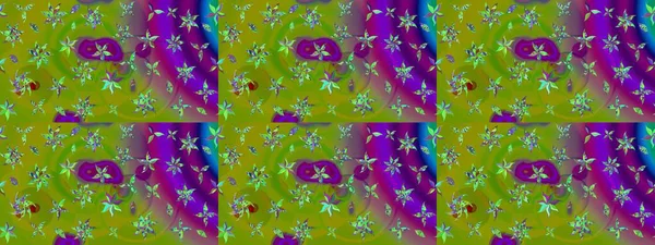 Çiçek desenli eskiz, darbeler, sıçramalar, yaz çiçekleri. Raster illüstrasyonu. Yeşil ve mor renkte çiçekler.