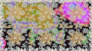 Kusursuz desenli oryantal süs. Çiçek kiremitleri. Gri renkli ve altın elementli altın desenli. İslam tasarımı. Raster altın tekstil baskısı.