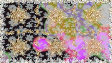 Altın rengi, kusursuz çizim. Raster geometrik arka plan. Gri renklerde, altın çiçekli altın desenler. Senin tasarımın için, duvar kağıdı..