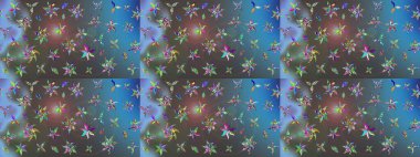 Varicoloblue ve gri raster çizimi. Bir sürü mavi ve gri soyut çiçekli tropik eskiz deseni. Küçük çiçekte sevimli çiçek deseni var..