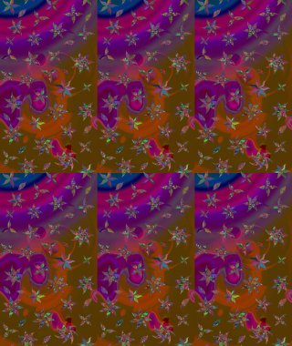 Raster Floral Illustration, Asyalı tekstil. Kahverengi renkli etnik çiçeklerle zarif bir eskiz deseni..