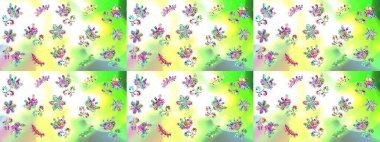 Yapraklı çiçekler ve beyaz, yeşil ve tarafsız renklerde papatya çiçekleri. Kusursuz bir arka plan modeli. Raster - stok.