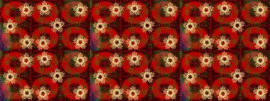 Kar tanelerinin soyut arkaplanlı Noel şablonu. Kahverengi, kırmızı ve yeşil kar taneleri. Raster illüstrasyonu. Noel ve Yeni Yıl moda baskıları için tatil tasarımı.