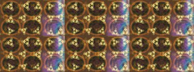 Kar tanelerinin soyut arkaplanlı Noel şablonu. Noel ve yeni yıl moda baskıları için tatil tasarımı. Kahverengi, gri ve sarı kar taneleri. Raster illüstrasyonu. Renkler.