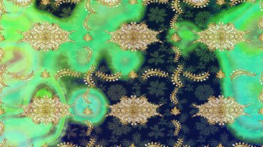 Skeç raster arka planı. Yeşil renkte altın elementler. Şık bir grafik desen. Duvar kâğıdı barok, İspanyol kumaşı. Çiçek deseni.